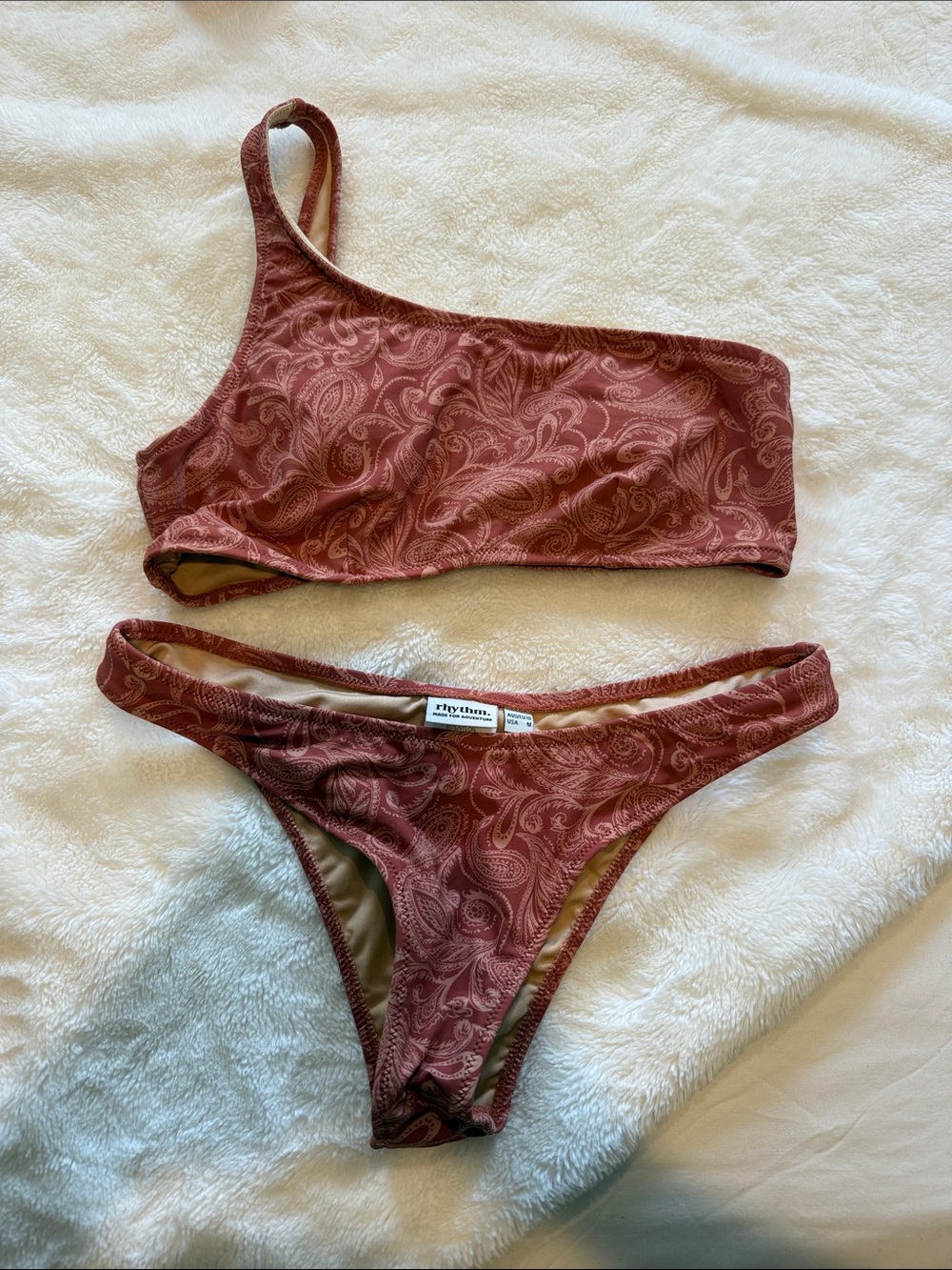 Rhythm. One-Shoulder Paisley Bikini in Dusty Rose
